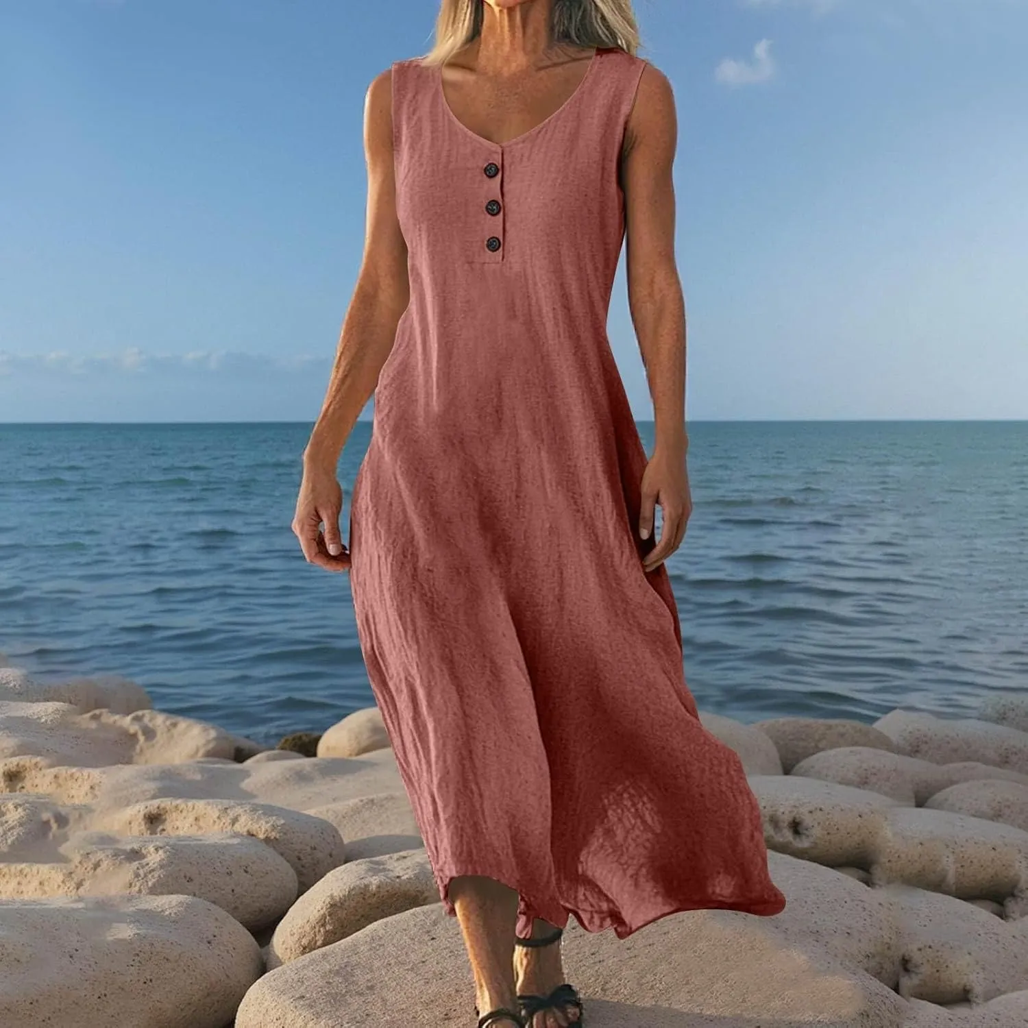 Linen Cotton Beach Dress for Women 2025 Summer Button Shirt Dress Casual Round Neck Dressy Trendy Long Dresses