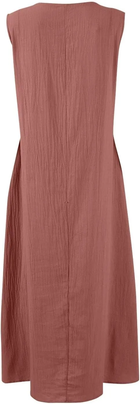 Linen Cotton Beach Dress for Women 2025 Summer Button Shirt Dress Casual Round Neck Dressy Trendy Long Dresses