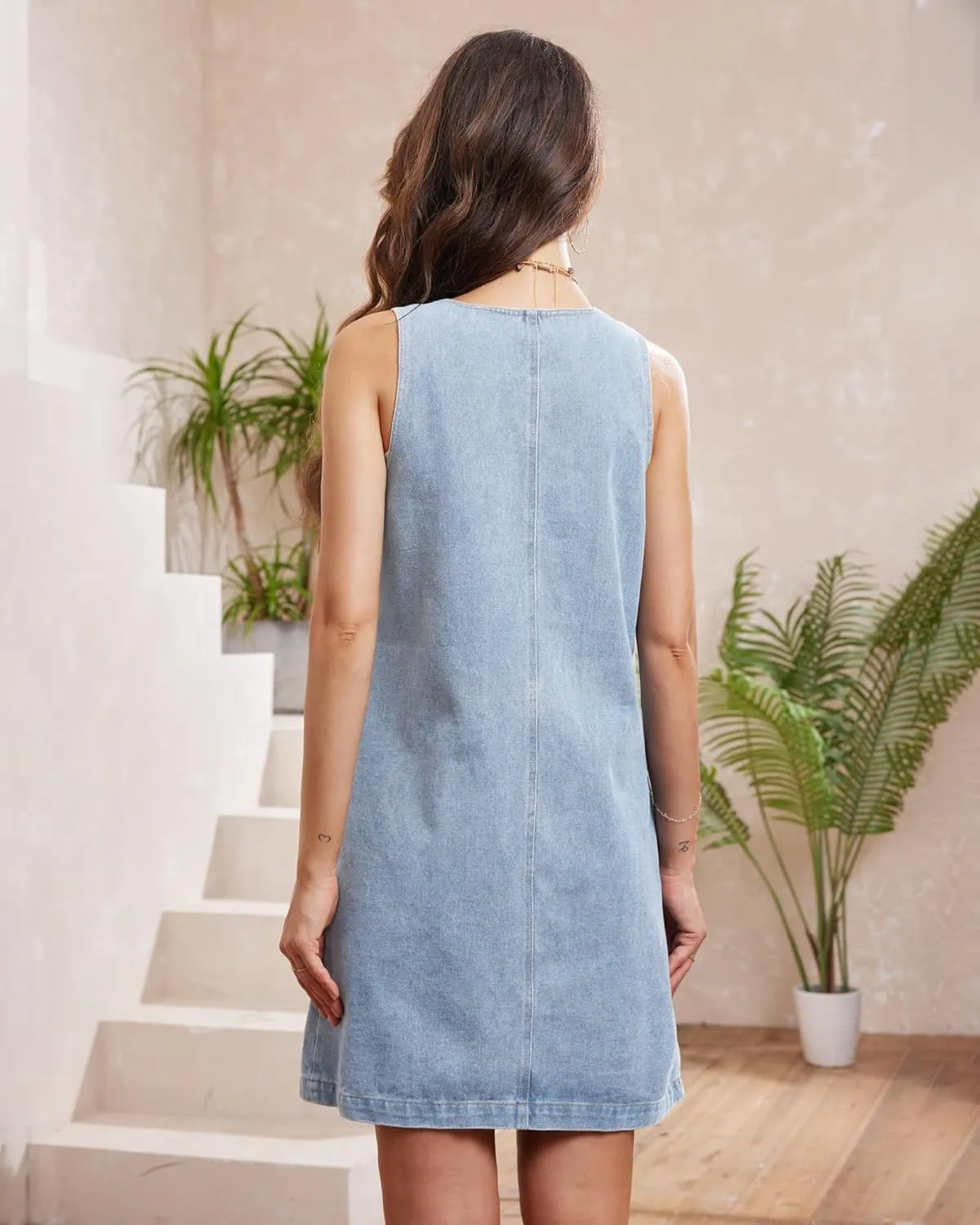 Locachy Women's Vintage Denim Overall Dress Casual Sleeveless Crewneck Mini Jean Jumper Dress with Pocket