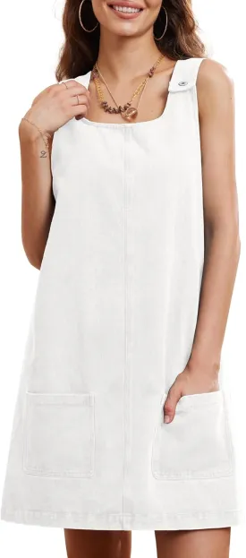 Locachy Women's Vintage Denim Overall Dress Casual Sleeveless Crewneck Mini Jean Jumper Dress with Pocket