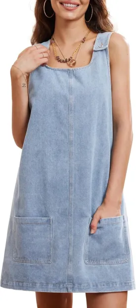 Locachy Women's Vintage Denim Overall Dress Casual Sleeveless Crewneck Mini Jean Jumper Dress with Pocket