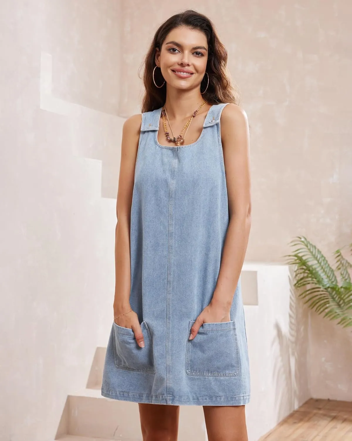 Locachy Women's Vintage Denim Overall Dress Casual Sleeveless Crewneck Mini Jean Jumper Dress with Pocket