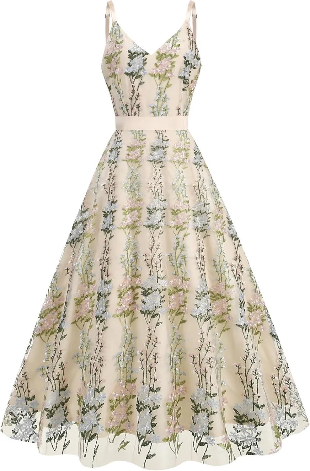 Long Floral Embroidery Dress for Women Flower Embroidered Maxi Dress Spaghetti Straps Formal Evening Party Tulle Prom Dress