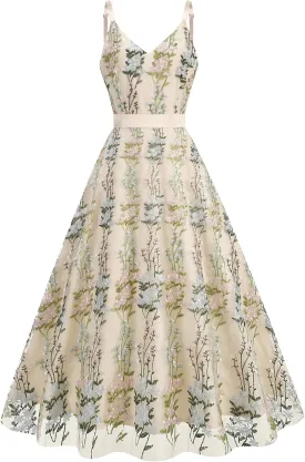 Long Floral Embroidery Dress for Women Flower Embroidered Maxi Dress Spaghetti Straps Formal Evening Party Tulle Prom Dress