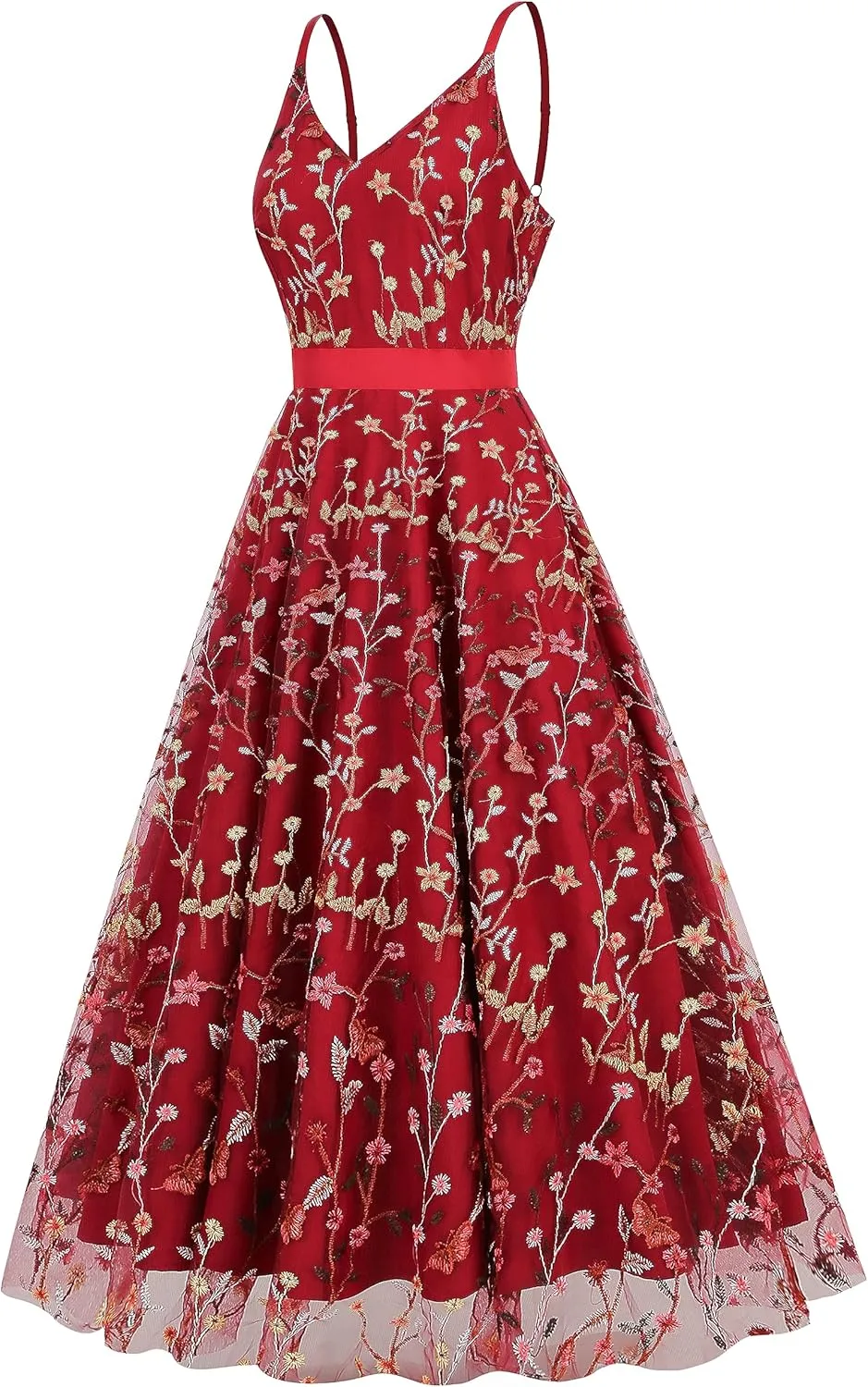 Long Floral Embroidery Dress for Women Flower Embroidered Maxi Dress Spaghetti Straps Formal Evening Party Tulle Prom Dress