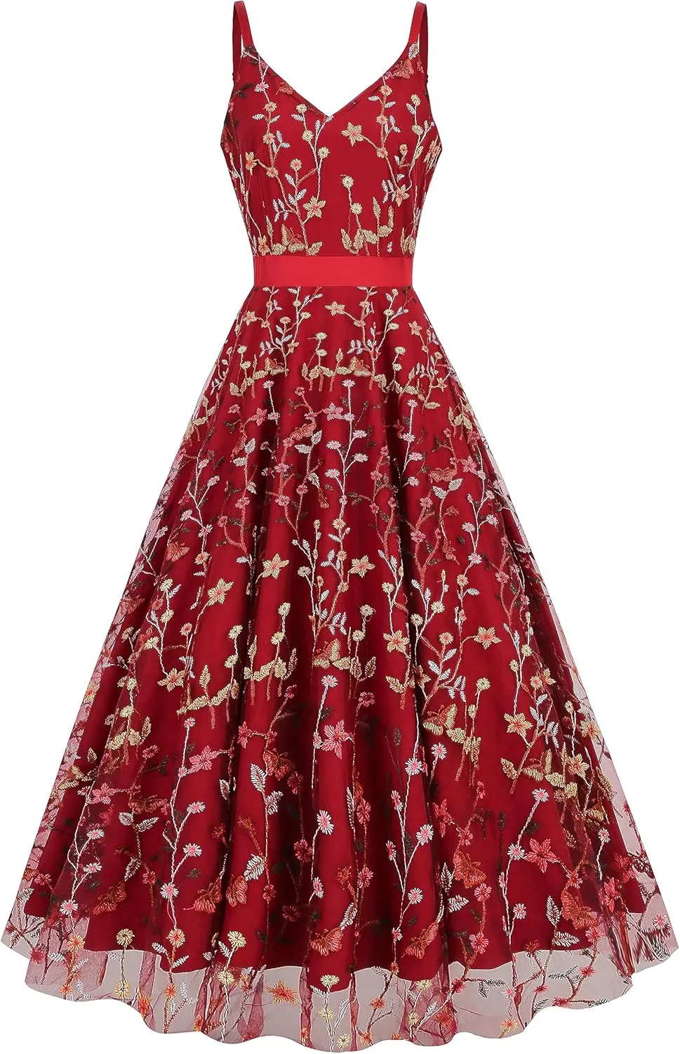 Long Floral Embroidery Dress for Women Flower Embroidered Maxi Dress Spaghetti Straps Formal Evening Party Tulle Prom Dress