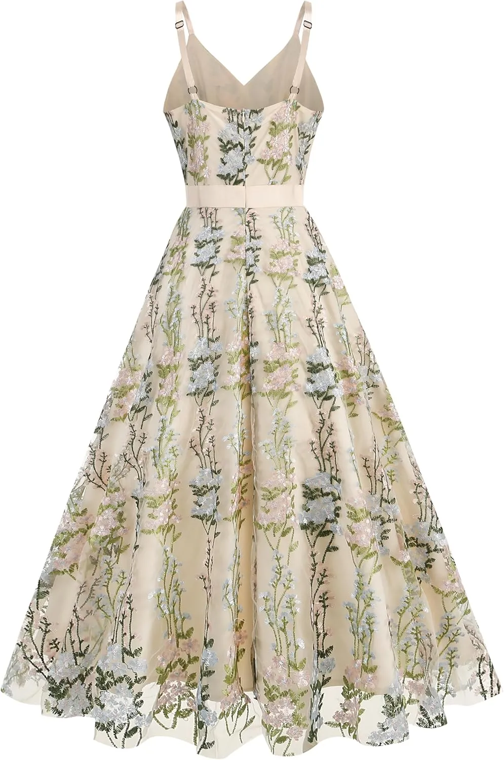 Long Floral Embroidery Dress for Women Flower Embroidered Maxi Dress Spaghetti Straps Formal Evening Party Tulle Prom Dress
