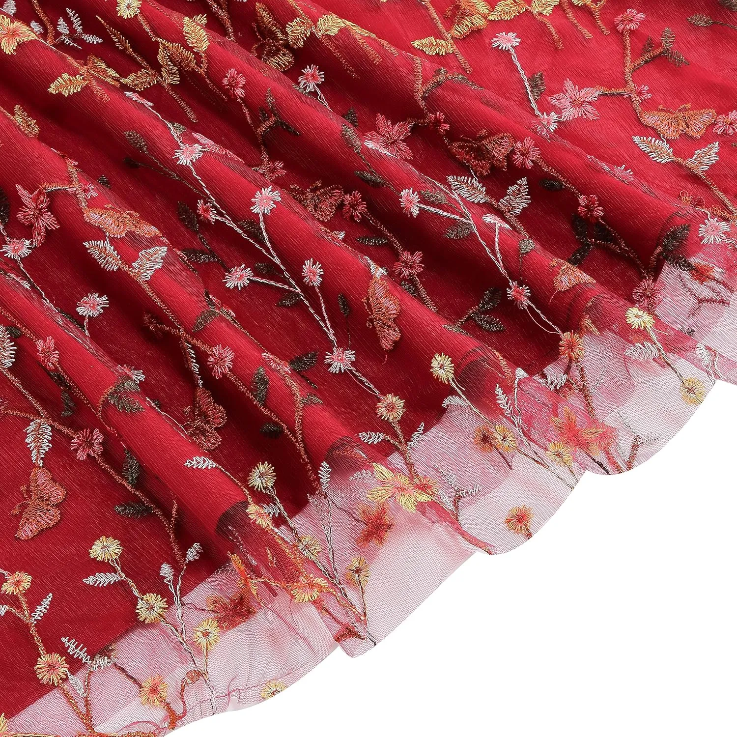 Long Floral Embroidery Dress for Women Flower Embroidered Maxi Dress Spaghetti Straps Formal Evening Party Tulle Prom Dress