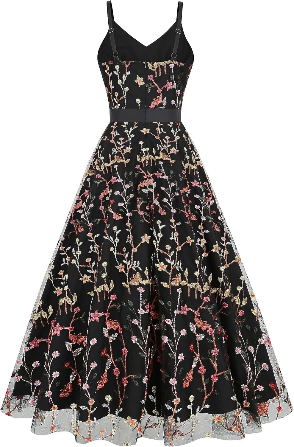 Long Floral Embroidery Dress for Women Flower Embroidered Maxi Dress Spaghetti Straps Formal Evening Party Tulle Prom Dress