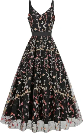 Long Floral Embroidery Dress for Women Flower Embroidered Maxi Dress Spaghetti Straps Formal Evening Party Tulle Prom Dress