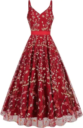 Long Floral Embroidery Dress for Women Flower Embroidered Maxi Dress Spaghetti Straps Formal Evening Party Tulle Prom Dress