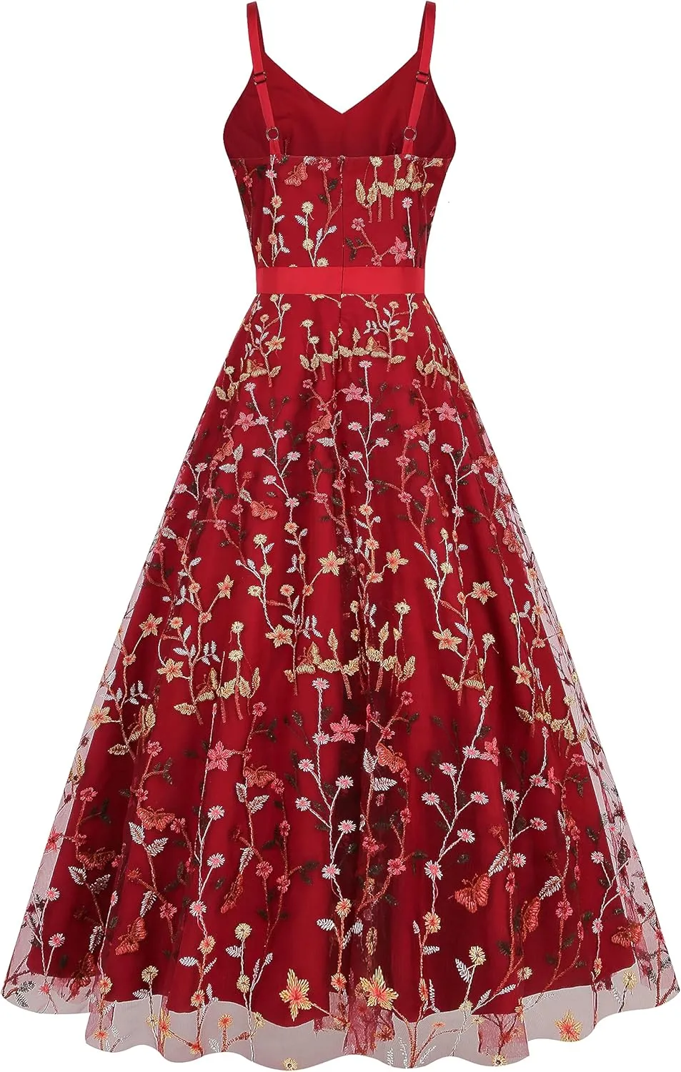 Long Floral Embroidery Dress for Women Flower Embroidered Maxi Dress Spaghetti Straps Formal Evening Party Tulle Prom Dress