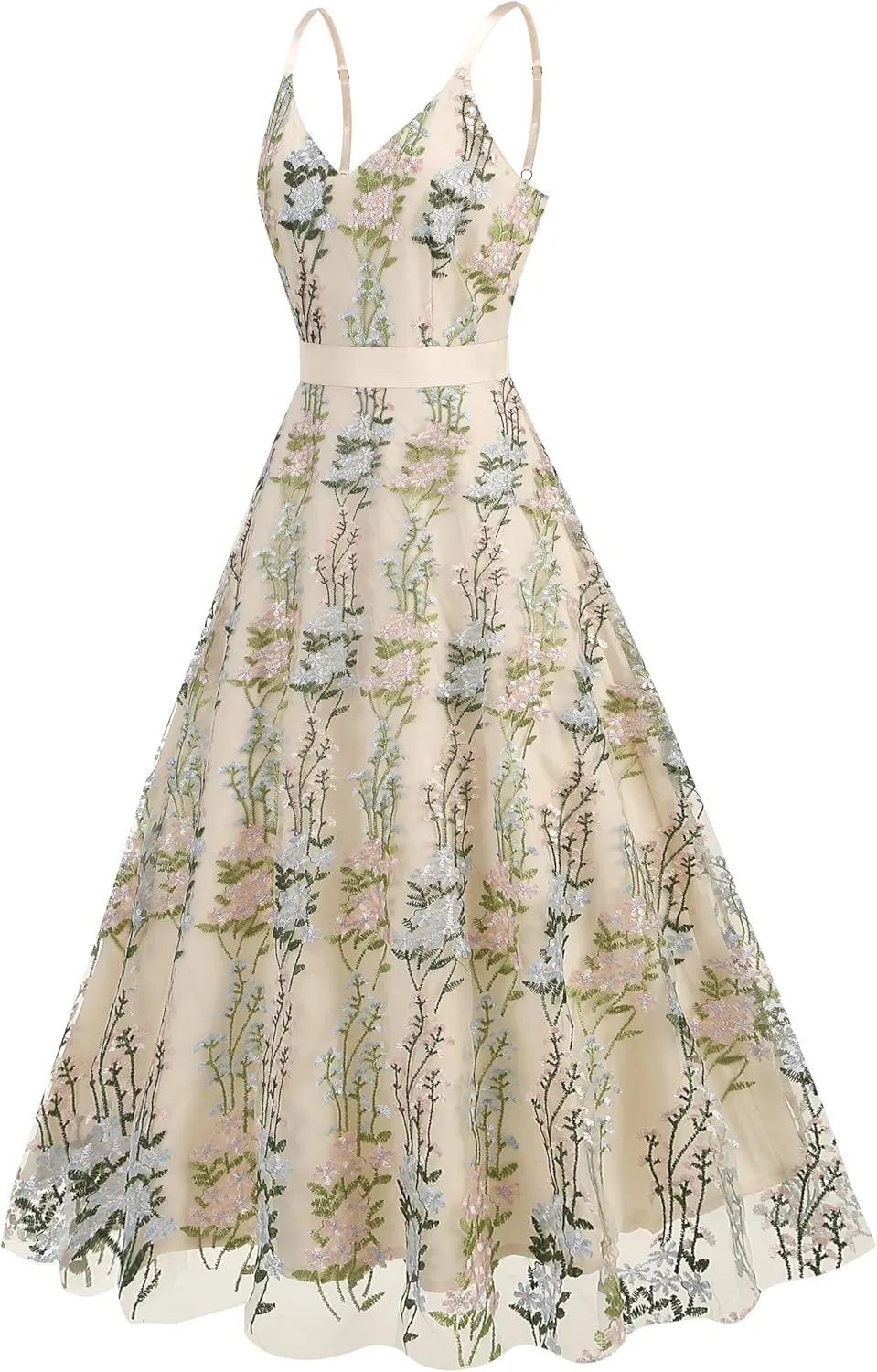 Long Floral Embroidery Dress for Women Flower Embroidered Maxi Dress Spaghetti Straps Formal Evening Party Tulle Prom Dress