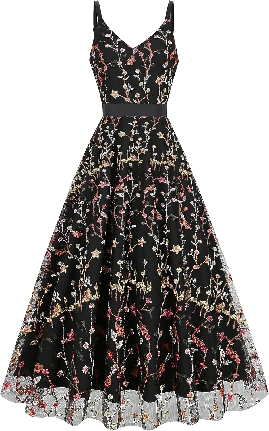 Long Floral Embroidery Dress for Women Flower Embroidered Maxi Dress Spaghetti Straps Formal Evening Party Tulle Prom Dress