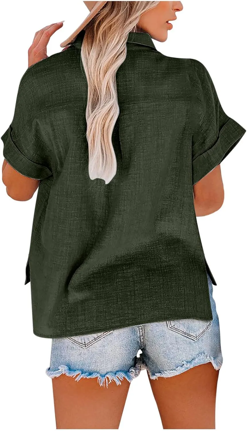 LRMQS Linen Shirts for Women Short Sleeve Summer 2024 Button Down Shirt Blouse Collared Casual Trendy Loose Tops Clothing