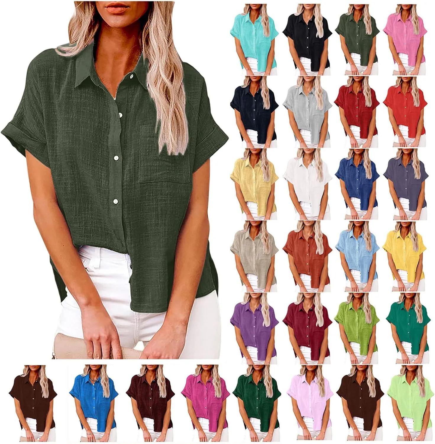 LRMQS Linen Shirts for Women Short Sleeve Summer 2024 Button Down Shirt Blouse Collared Casual Trendy Loose Tops Clothing