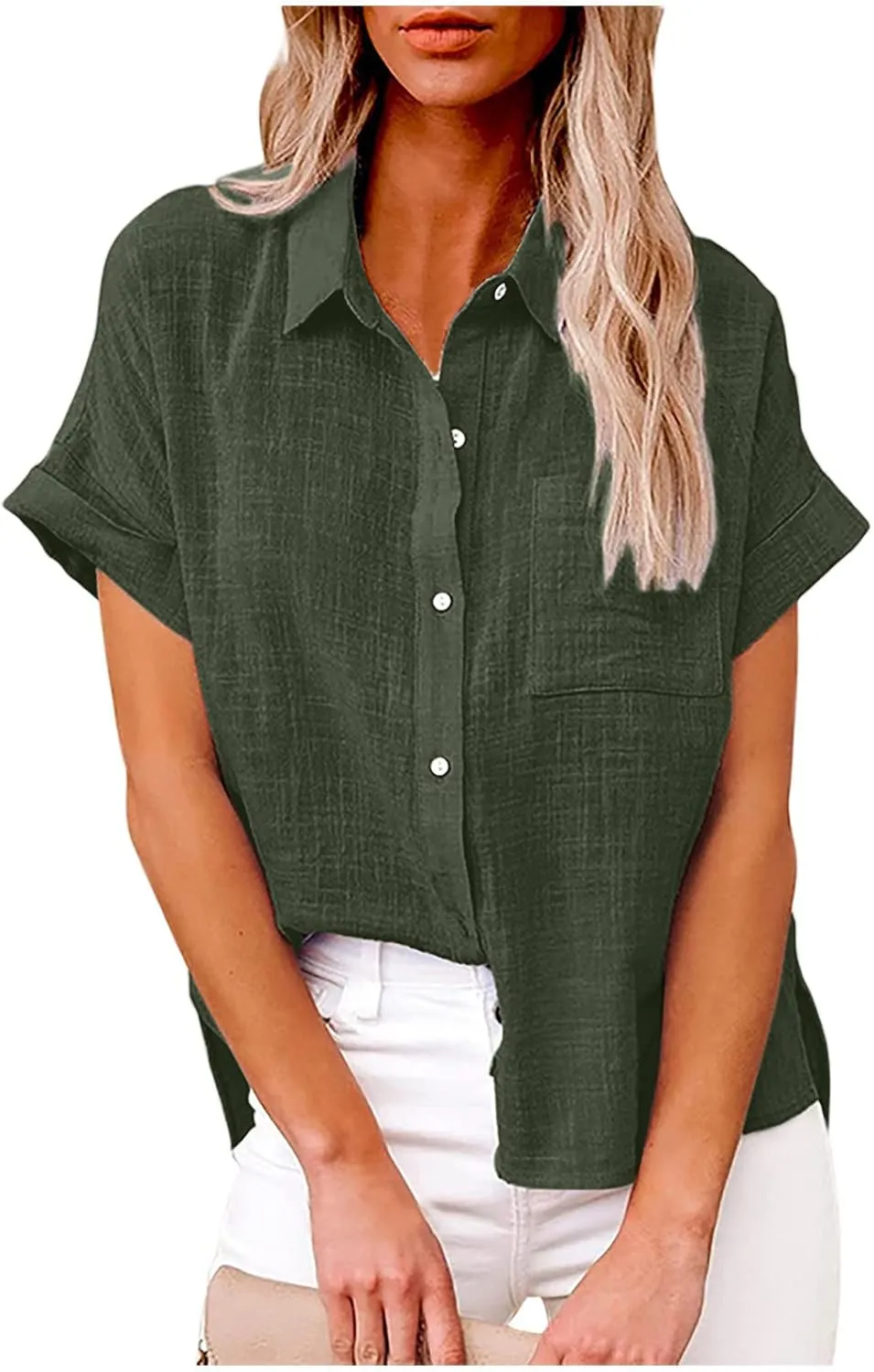 LRMQS Linen Shirts for Women Short Sleeve Summer 2024 Button Down Shirt Blouse Collared Casual Trendy Loose Tops Clothing
