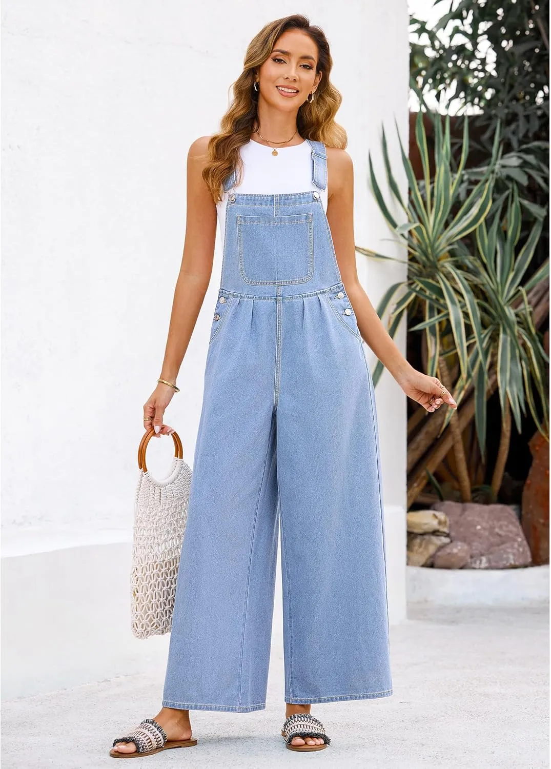 luvamia Denim Overalls for Women Wide Leg One Piece Jean Jumpsuits Fashion Baggy Bib Overall Loose Fit Pleated Pockets