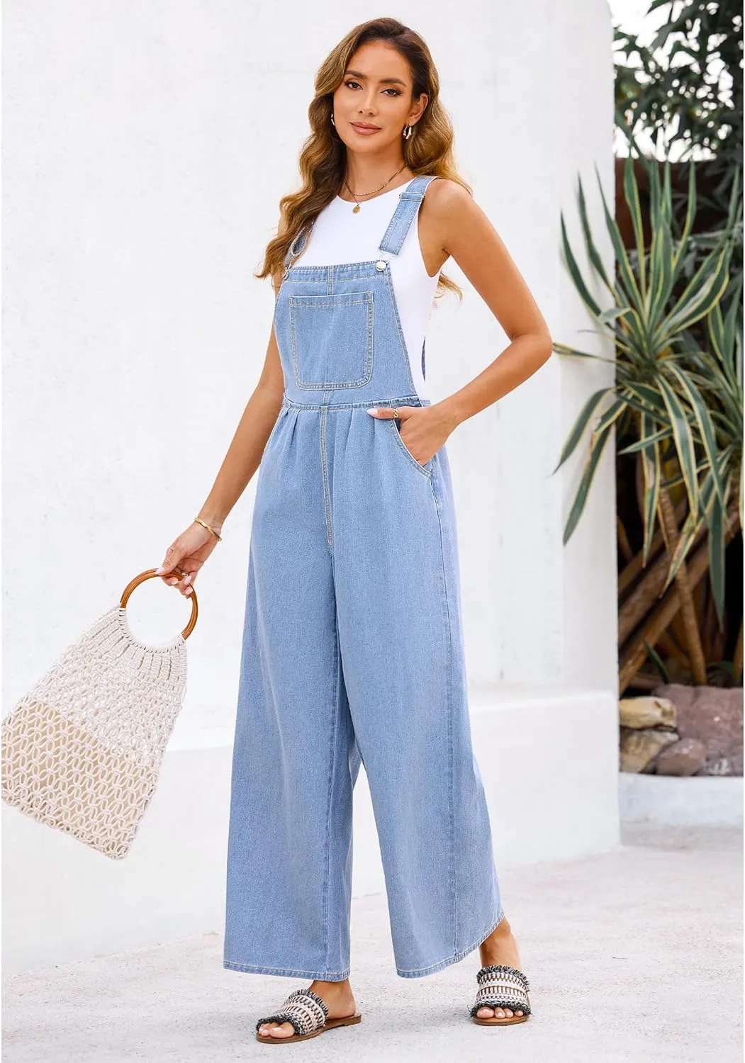 luvamia Denim Overalls for Women Wide Leg One Piece Jean Jumpsuits Fashion Baggy Bib Overall Loose Fit Pleated Pockets