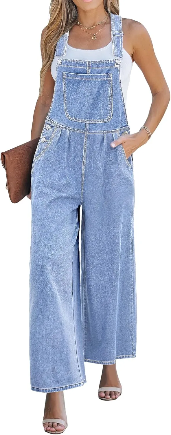 luvamia Denim Overalls for Women Wide Leg One Piece Jean Jumpsuits Fashion Baggy Bib Overall Loose Fit Pleated Pockets