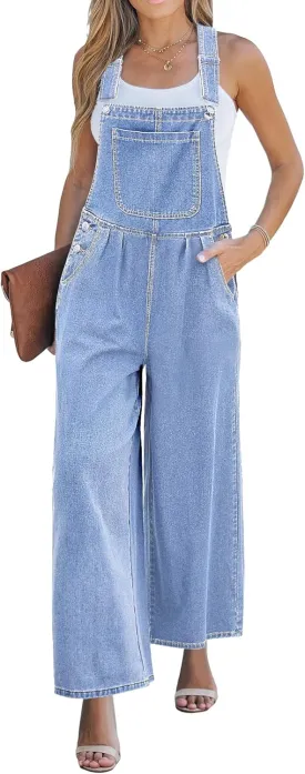 luvamia Denim Overalls for Women Wide Leg One Piece Jean Jumpsuits Fashion Baggy Bib Overall Loose Fit Pleated Pockets