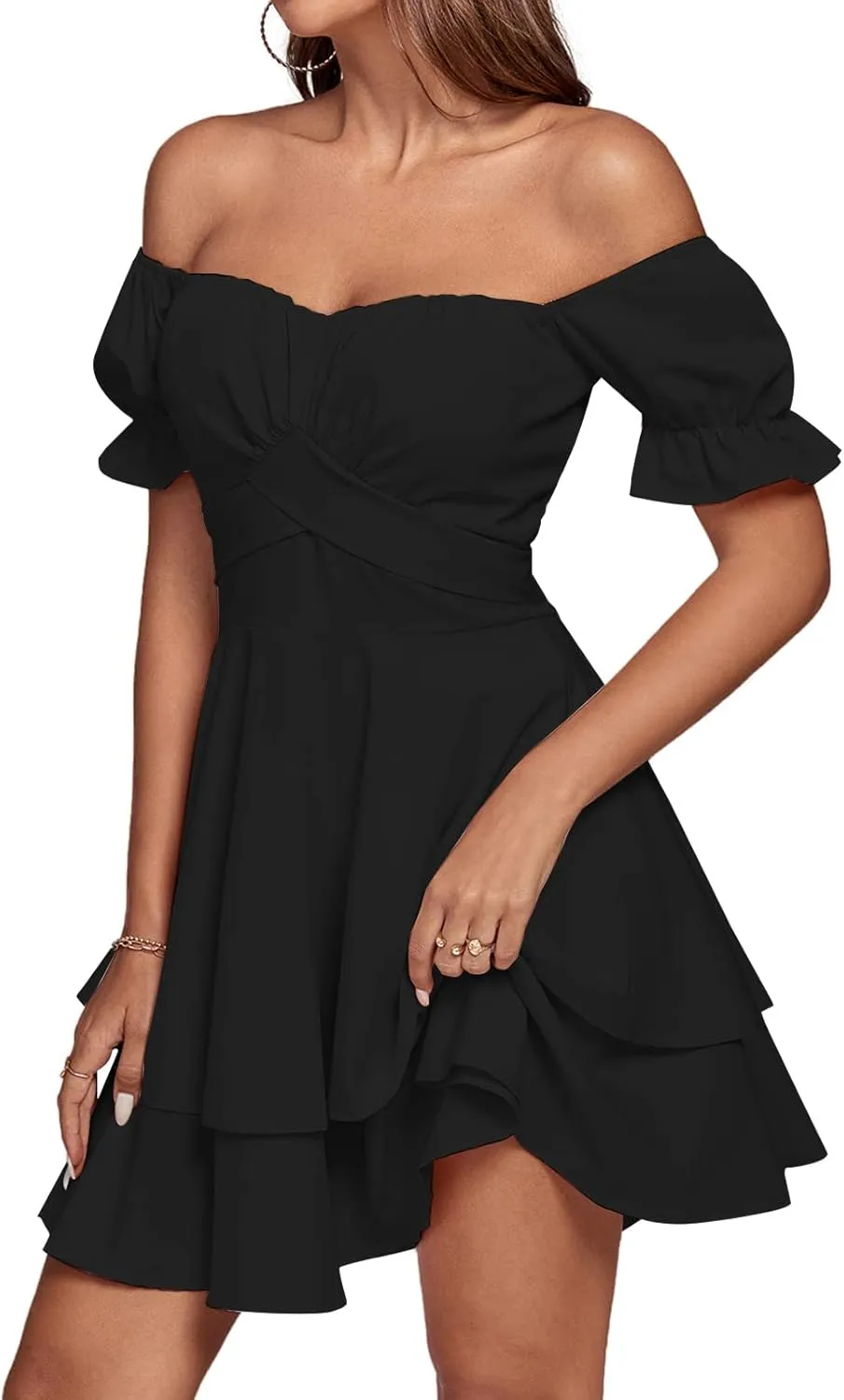 LYANER Women's Tie Back Off Shoulder Wrap Layer Ruffle Short Sleeve Mini Dress