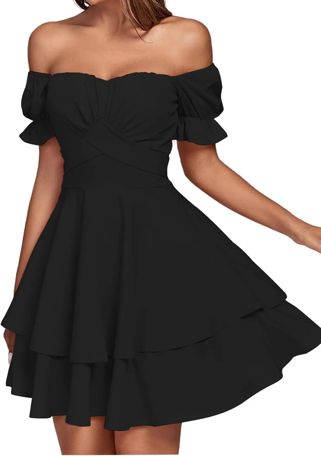 LYANER Women's Tie Back Off Shoulder Wrap Layer Ruffle Short Sleeve Mini Dress