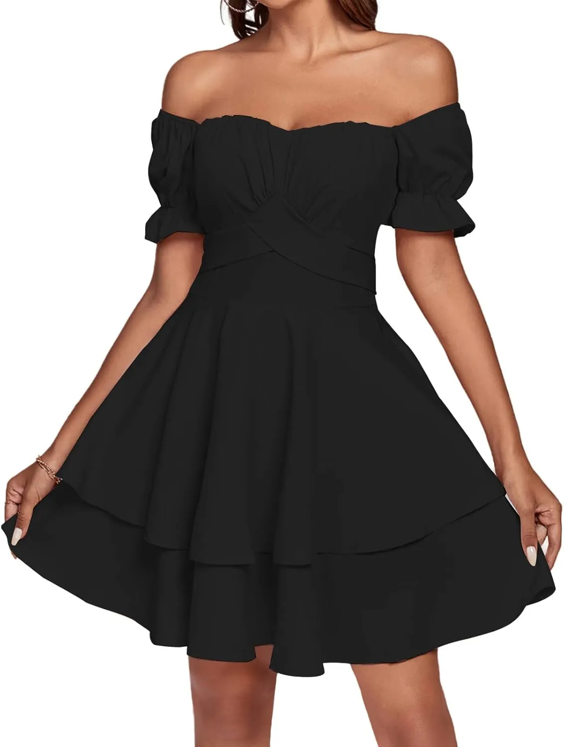 LYANER Women's Tie Back Off Shoulder Wrap Layer Ruffle Short Sleeve Mini Dress