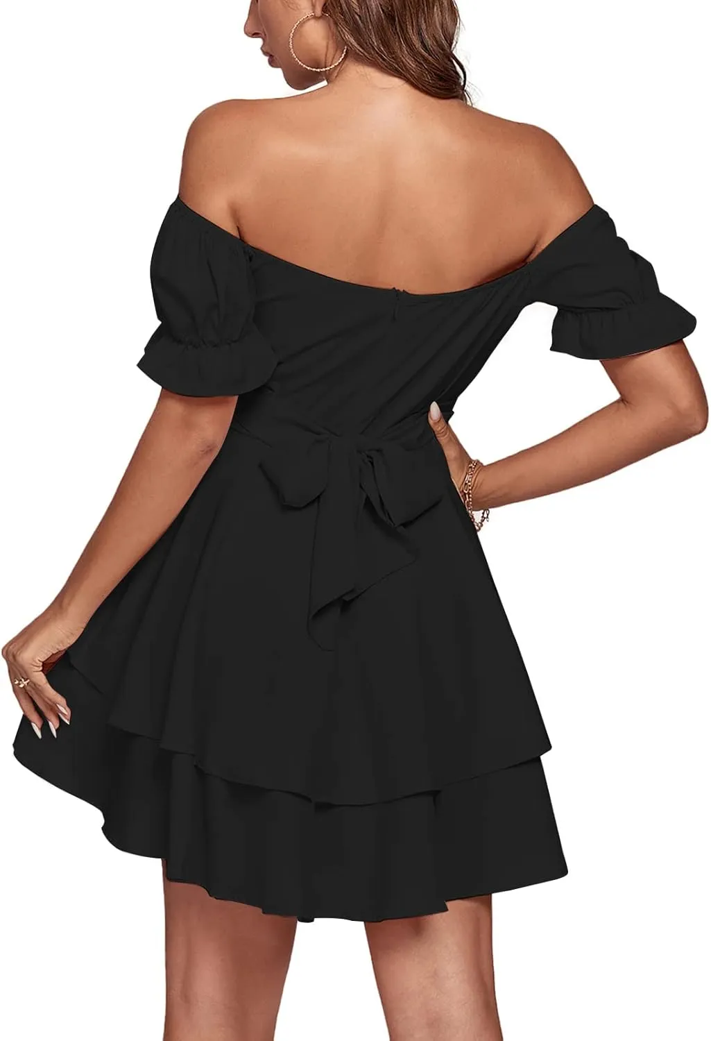LYANER Women's Tie Back Off Shoulder Wrap Layer Ruffle Short Sleeve Mini Dress