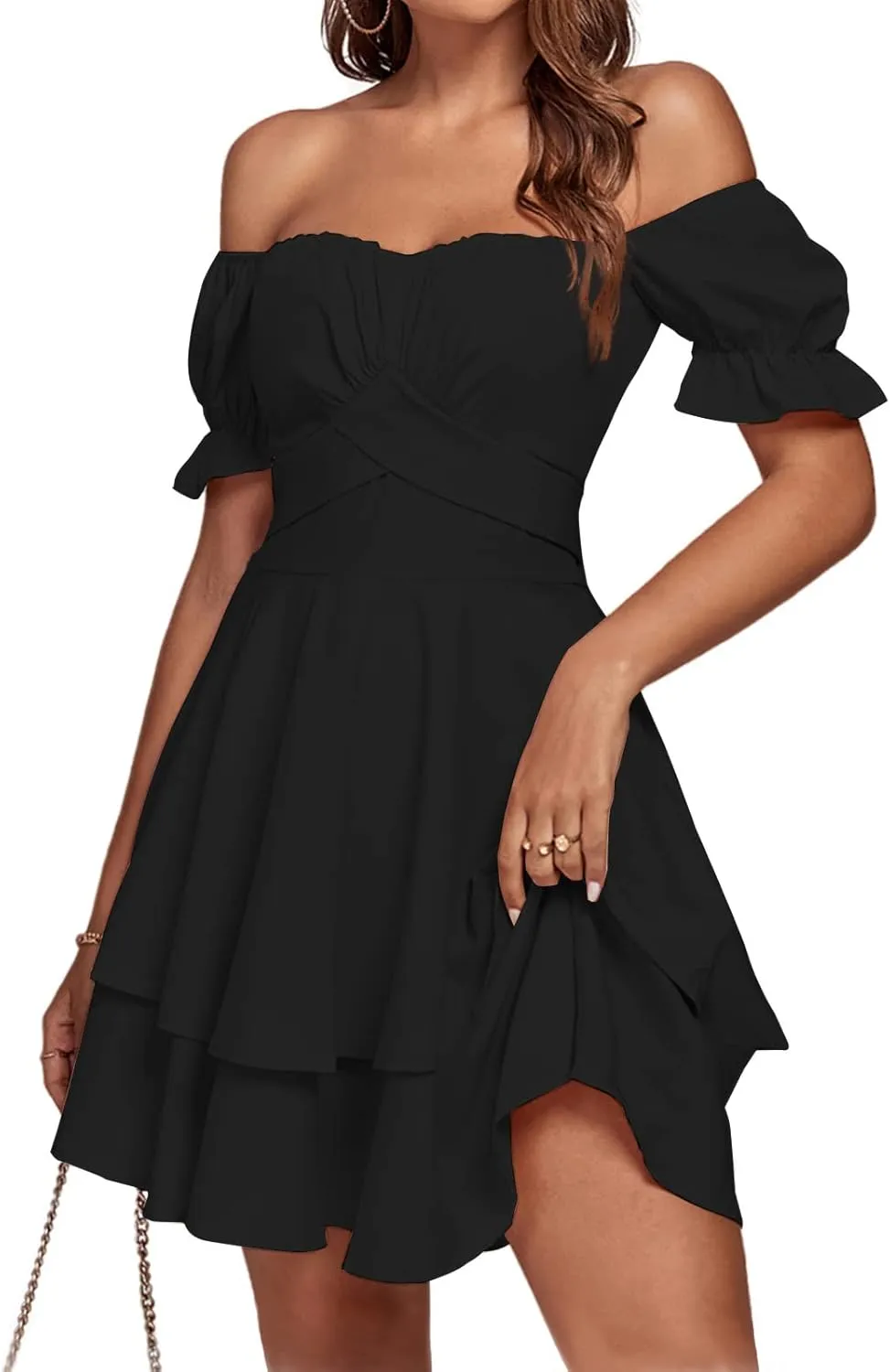 LYANER Women's Tie Back Off Shoulder Wrap Layer Ruffle Short Sleeve Mini Dress