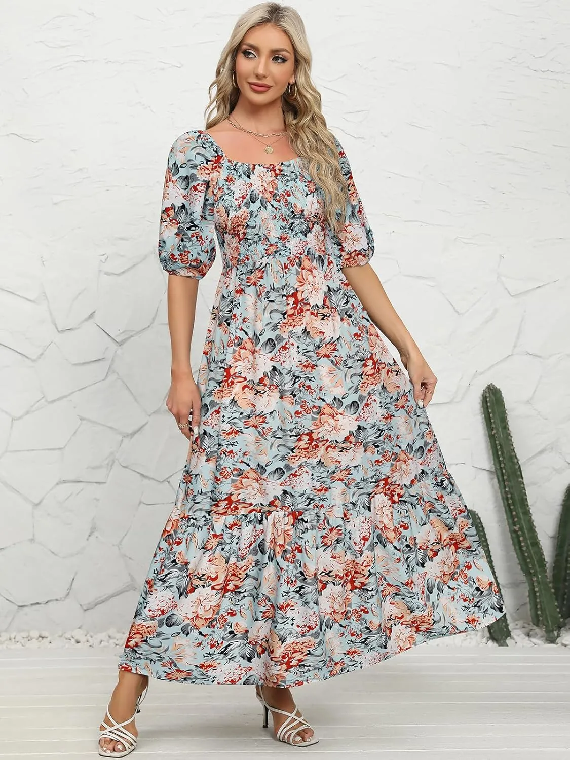 Lyrur Summer Boho Smocked Maxi Dresses for Women 2025 Casual Puff Sleeve Square Neck A Line Tiered Ruffle Ankle Length Dress