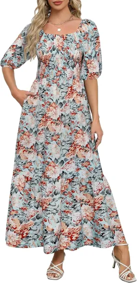 Lyrur Summer Boho Smocked Maxi Dresses for Women 2025 Casual Puff Sleeve Square Neck A Line Tiered Ruffle Ankle Length Dress