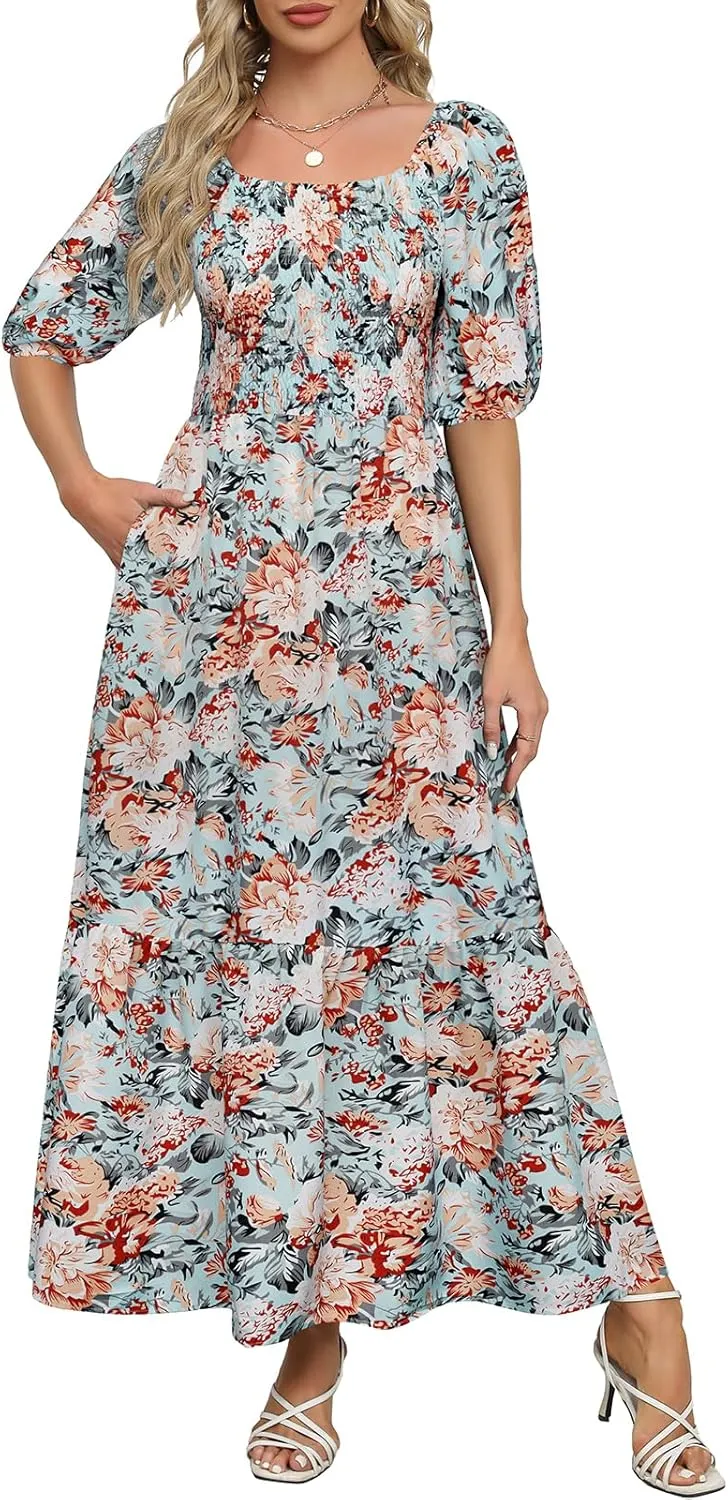 Lyrur Summer Boho Smocked Maxi Dresses for Women 2025 Casual Puff Sleeve Square Neck A Line Tiered Ruffle Ankle Length Dress