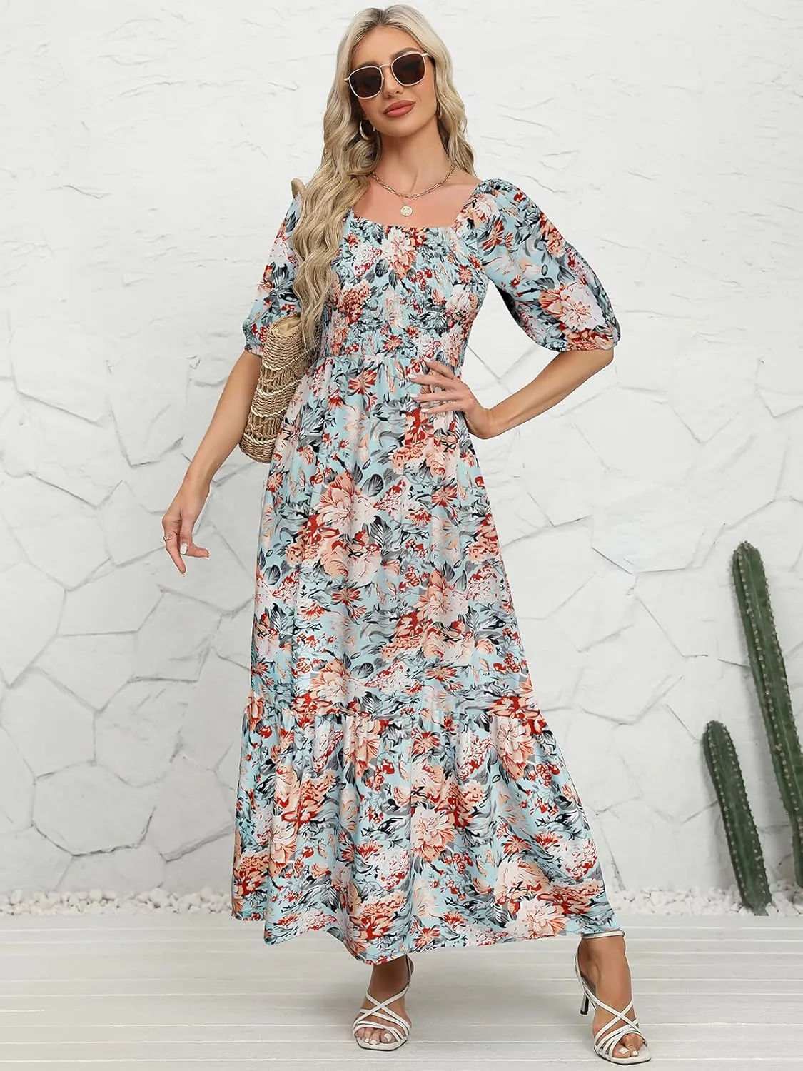 Lyrur Summer Boho Smocked Maxi Dresses for Women 2025 Casual Puff Sleeve Square Neck A Line Tiered Ruffle Ankle Length Dress