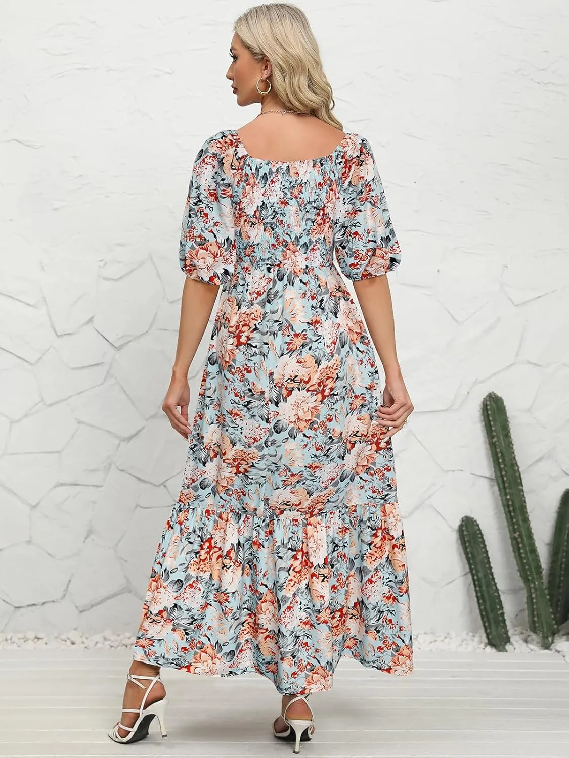 Lyrur Summer Boho Smocked Maxi Dresses for Women 2025 Casual Puff Sleeve Square Neck A Line Tiered Ruffle Ankle Length Dress