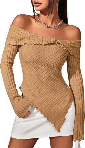 MakeMeChic Women's Off Shoulder Lettuce Trim Long Sleeve Asymmetrical Hem Ribbed Tee T-Shirt Tops