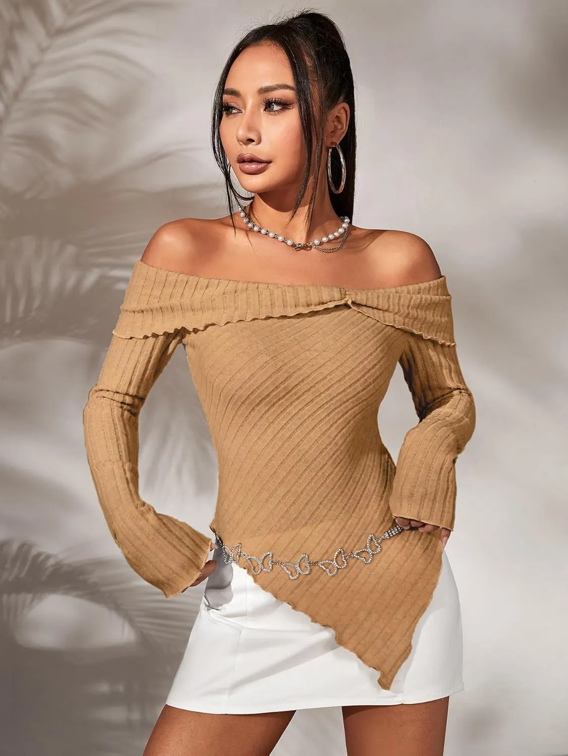 MakeMeChic Women's Off Shoulder Lettuce Trim Long Sleeve Asymmetrical Hem Ribbed Tee T-Shirt Tops