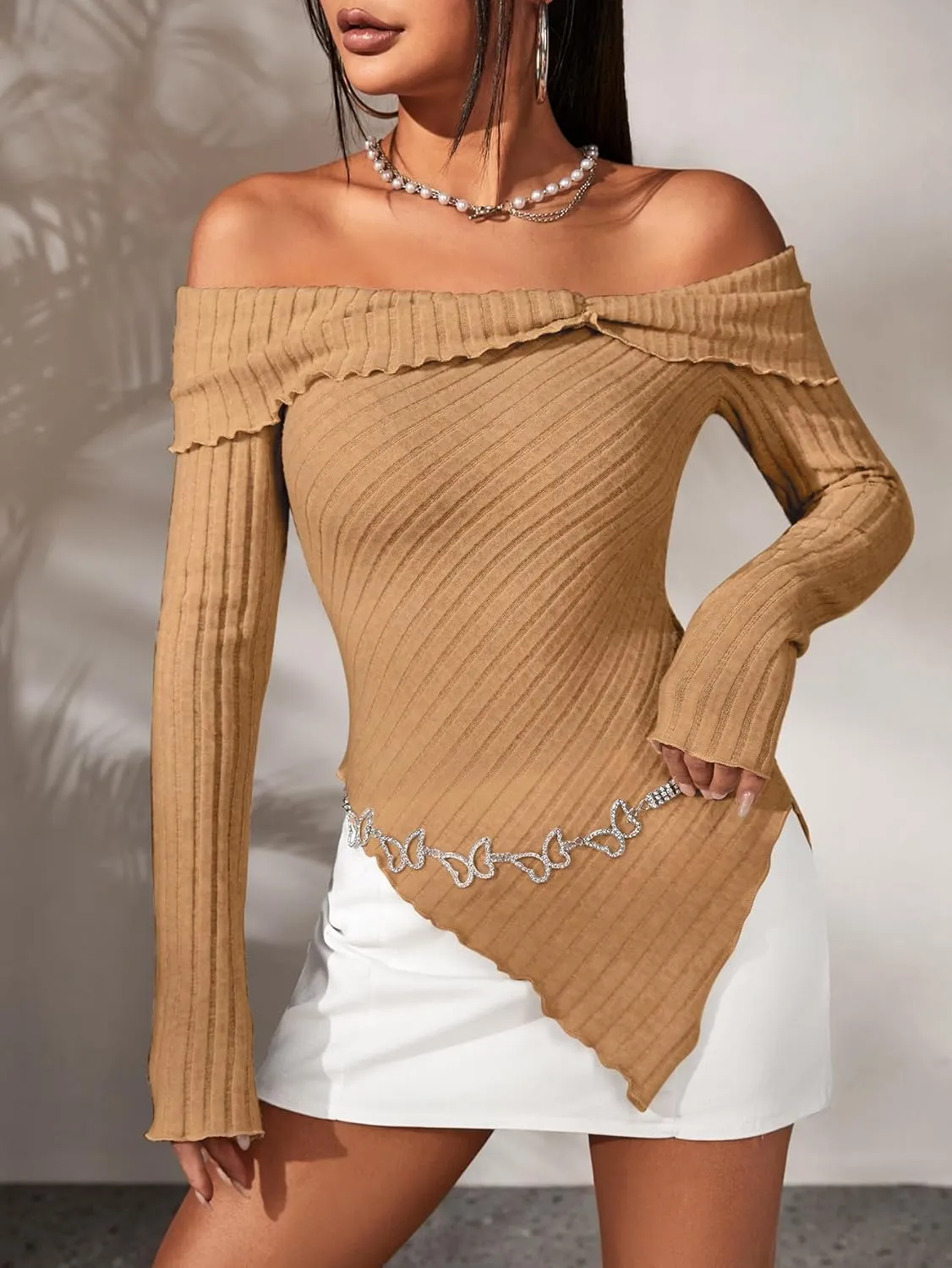 MakeMeChic Women's Off Shoulder Lettuce Trim Long Sleeve Asymmetrical Hem Ribbed Tee T-Shirt Tops