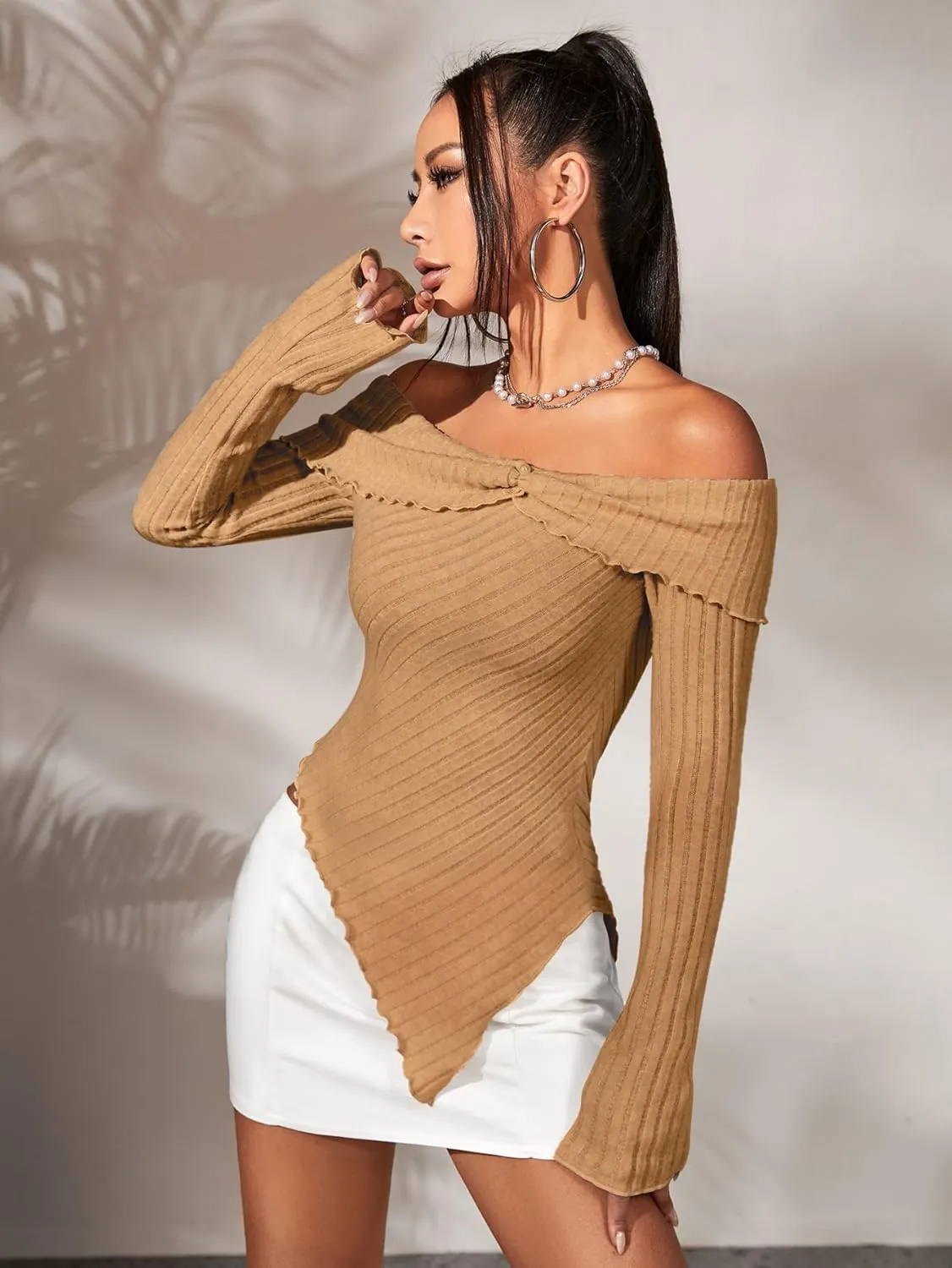 MakeMeChic Women's Off Shoulder Lettuce Trim Long Sleeve Asymmetrical Hem Ribbed Tee T-Shirt Tops