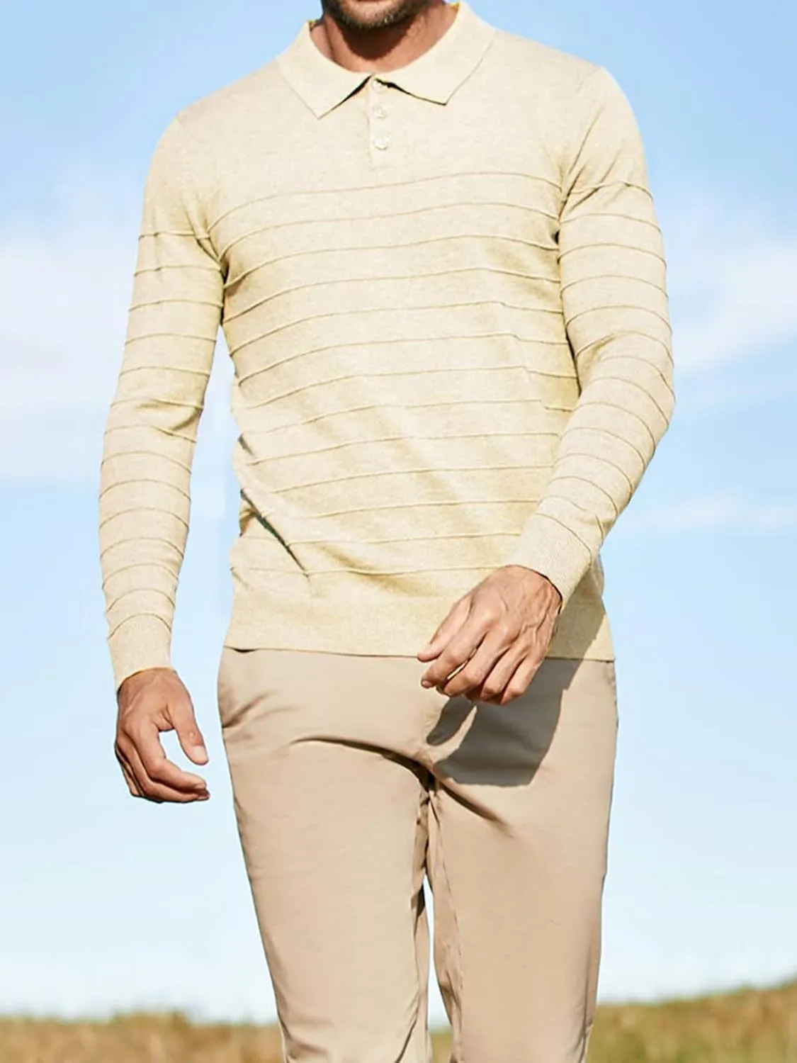 Makkrom Mens Polo Shirts Long Sleeve Striped Pullover Casual Slim Fit Solid Knit Sweater Classic Golf Shirt