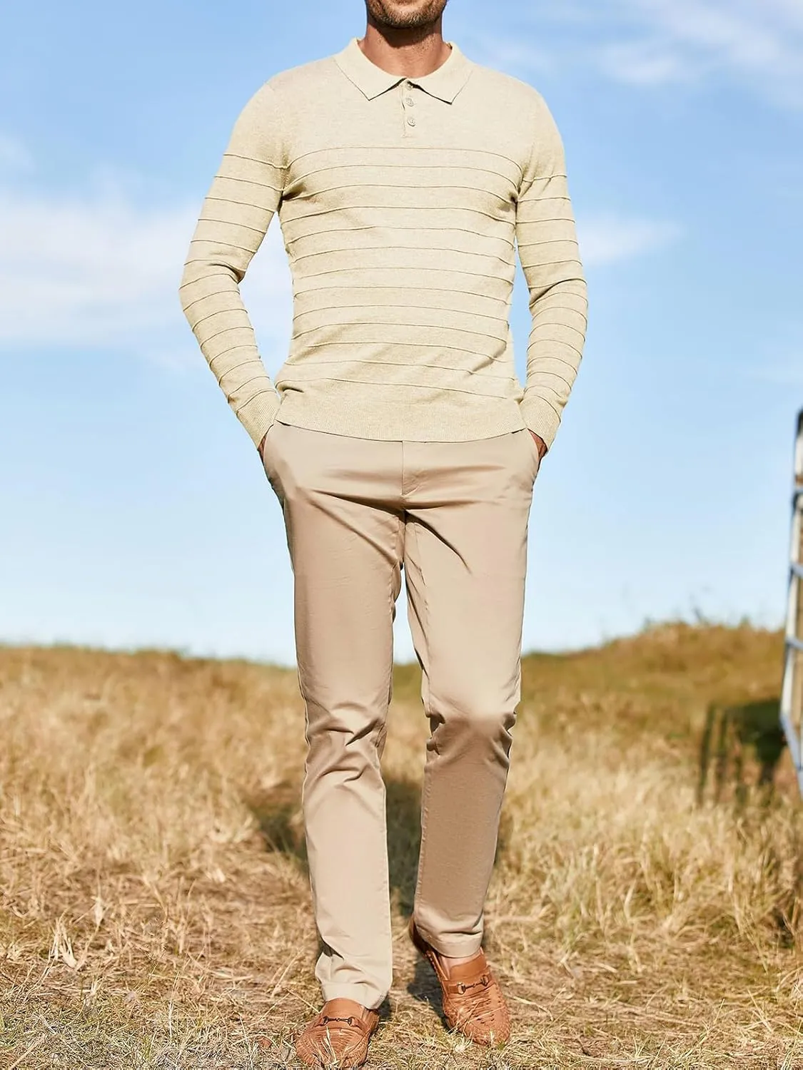 Makkrom Mens Polo Shirts Long Sleeve Striped Pullover Casual Slim Fit Solid Knit Sweater Classic Golf Shirt