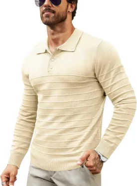 Makkrom Mens Polo Shirts Long Sleeve Striped Pullover Casual Slim Fit Solid Knit Sweater Classic Golf Shirt