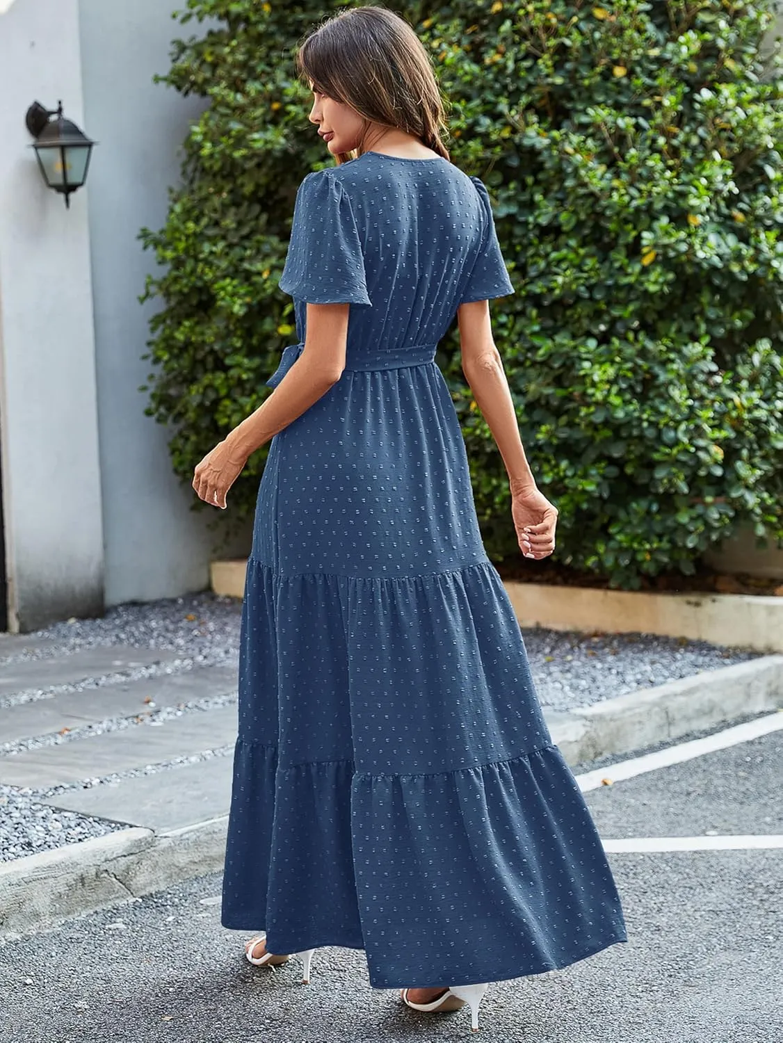 MASCOMODA Womens Summer Swiss Dot Maxi Dressses Wrap V Neck Flutter Short Sleeve Boho Casual Flowy Long Wedding Guest Dress