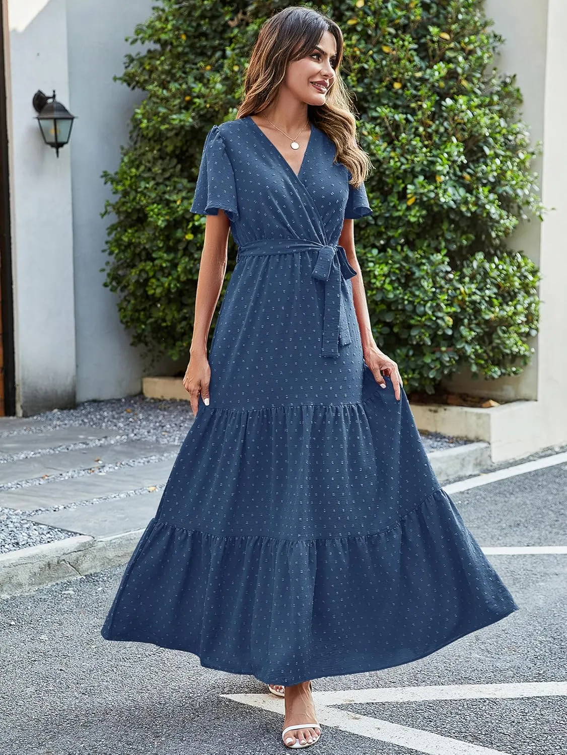 MASCOMODA Womens Summer Swiss Dot Maxi Dressses Wrap V Neck Flutter Short Sleeve Boho Casual Flowy Long Wedding Guest Dress