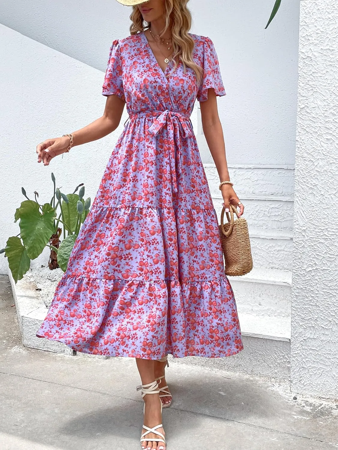 MASCOMODA Womens Summer Swiss Dot Maxi Dressses Wrap V Neck Flutter Short Sleeve Boho Casual Flowy Long Wedding Guest Dress