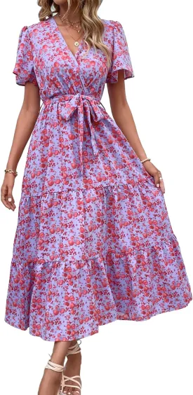 MASCOMODA Womens Summer Swiss Dot Maxi Dressses Wrap V Neck Flutter Short Sleeve Boho Casual Flowy Long Wedding Guest Dress