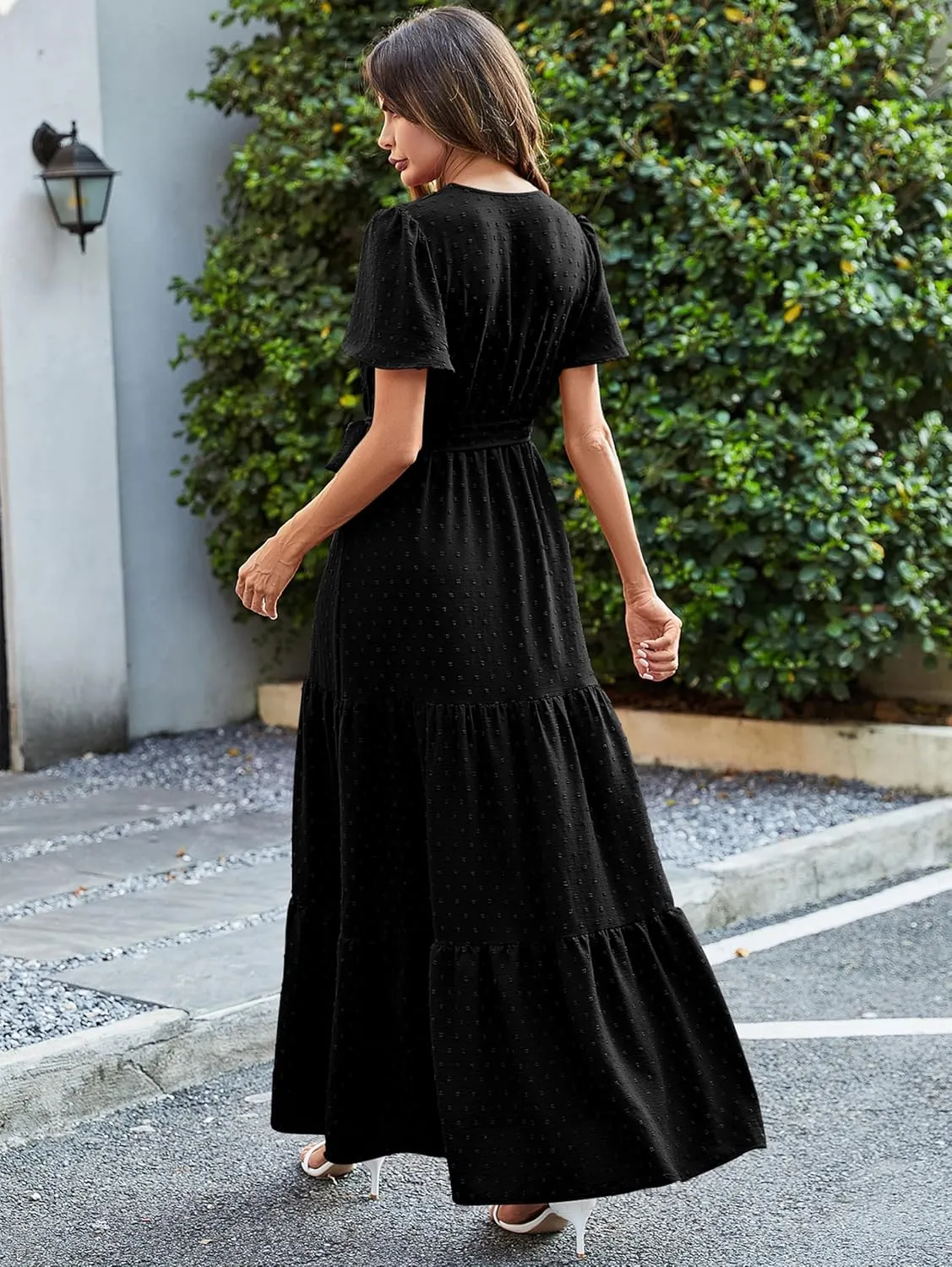 MASCOMODA Womens Summer Swiss Dot Maxi Dressses Wrap V Neck Flutter Short Sleeve Boho Casual Flowy Long Wedding Guest Dress
