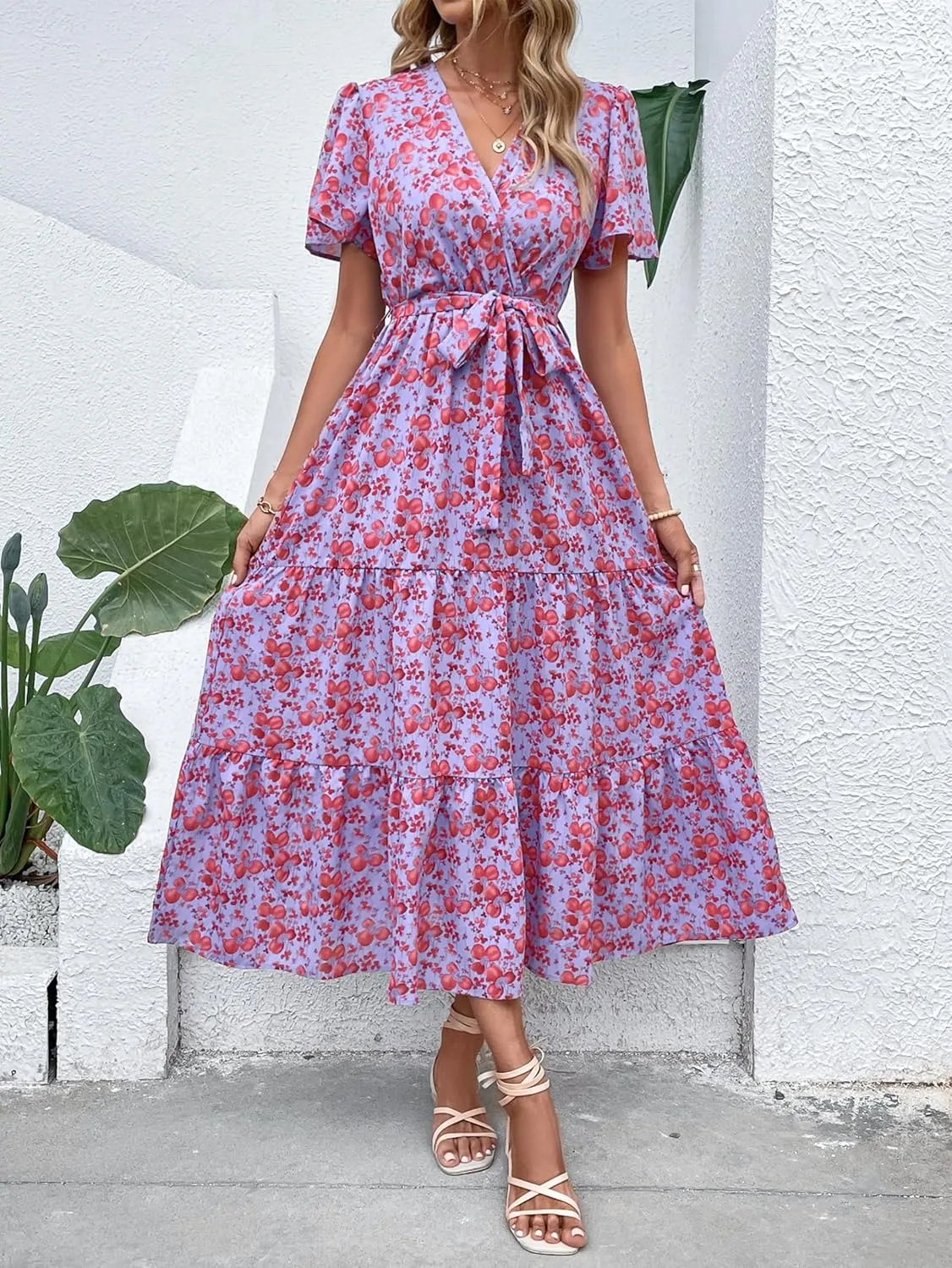 MASCOMODA Womens Summer Swiss Dot Maxi Dressses Wrap V Neck Flutter Short Sleeve Boho Casual Flowy Long Wedding Guest Dress