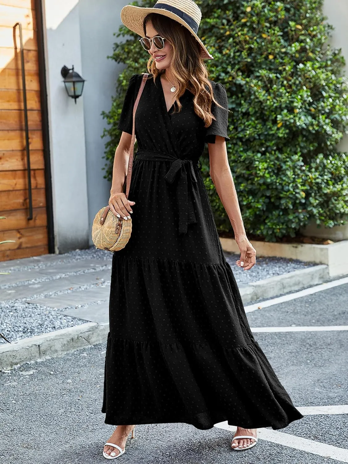 MASCOMODA Womens Summer Swiss Dot Maxi Dressses Wrap V Neck Flutter Short Sleeve Boho Casual Flowy Long Wedding Guest Dress