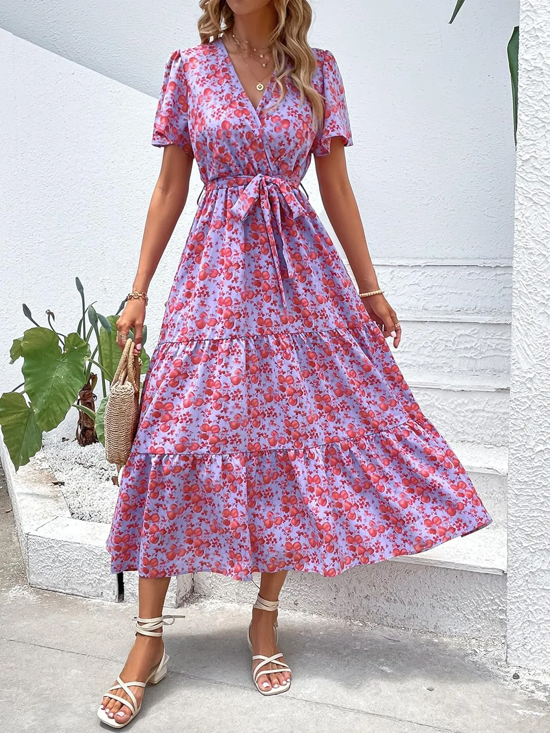 MASCOMODA Womens Summer Swiss Dot Maxi Dressses Wrap V Neck Flutter Short Sleeve Boho Casual Flowy Long Wedding Guest Dress